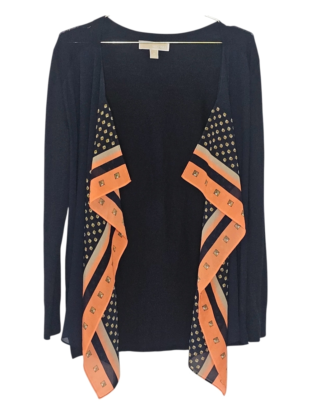 Michael Kors Draped Open Front Cardigan Size M Black Geometric Print Trim Luxury